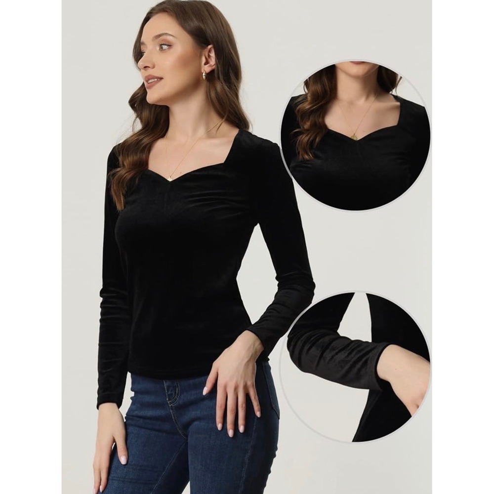 Allegra K Womens Black Velvet Sweetheart Neck Long Sleeve Top Size M NWT